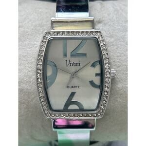 Vivani Silver Tone Rhinestone Bezel Women’s Cuff Watch